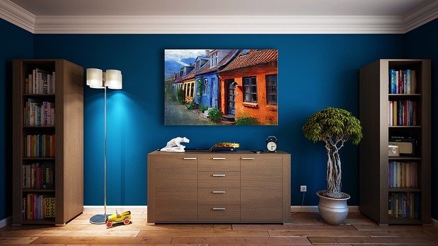 Calm blue living room for a daily routine that eases financial anxiety