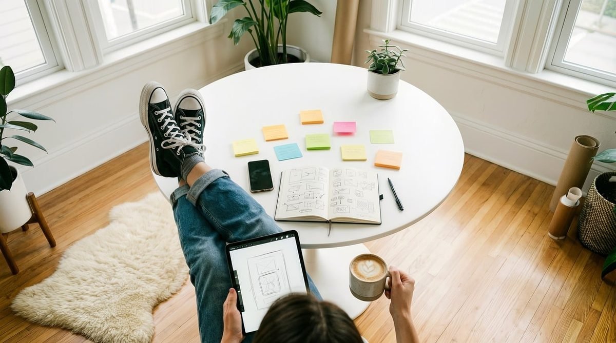 Freelancer workspace with notes while planning freelance pricing
