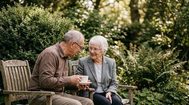 Older couple talking in a garden, planning around 401(k) and IRA contribution limits 2026