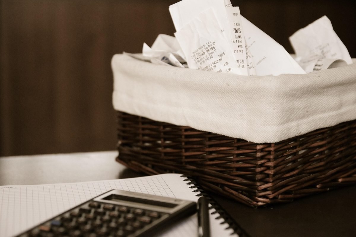 Basket of receipts kept to match a 1099 form