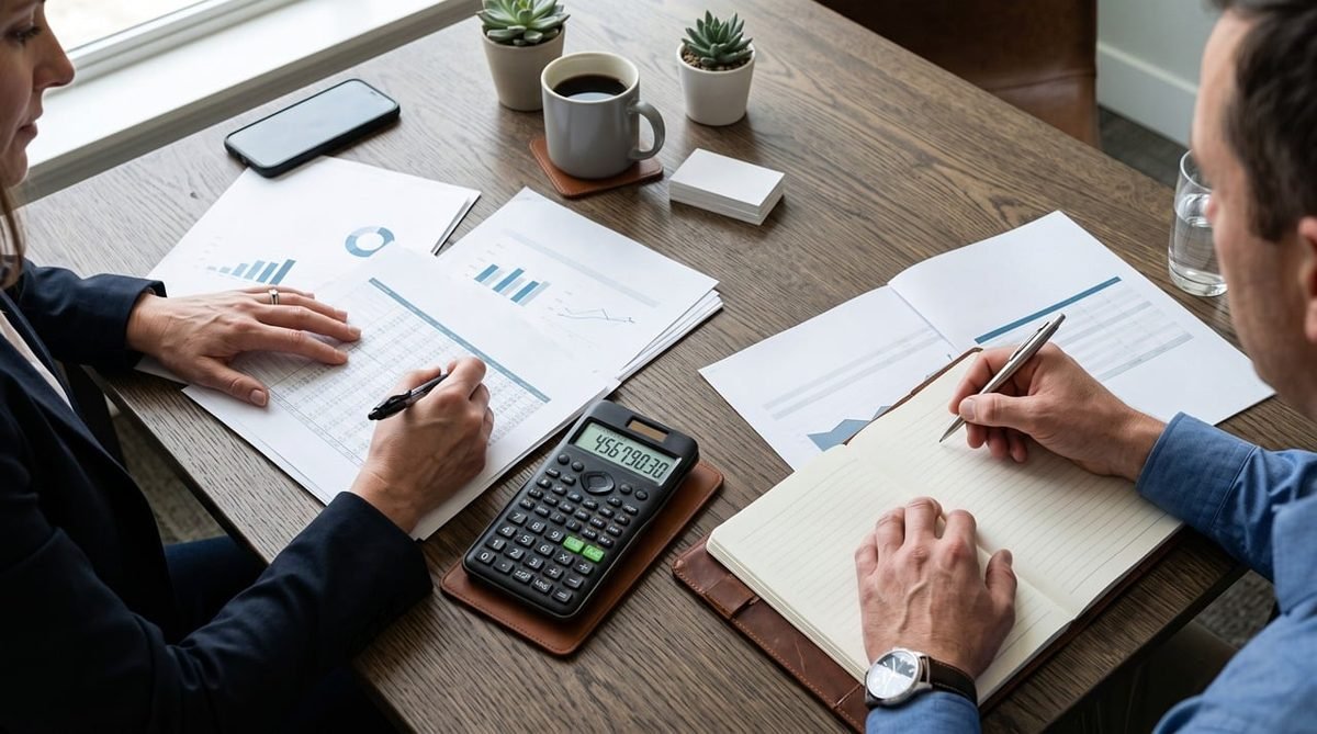 Reviewing financial documents and a calculator for a mortgage pre-approval